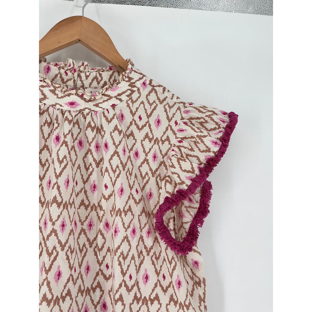 THML Boho Flutter Sleeve Blouse Pink Brown Ikat Tassel Trim Top Women's Large - Picture 4 of 7